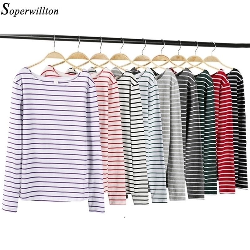 T Shirt Femme Cotton Tshirt Women Long Sleeve Striped TShirt Female Tops Tee Autumn Winter Feminina White Black Red T84 210322