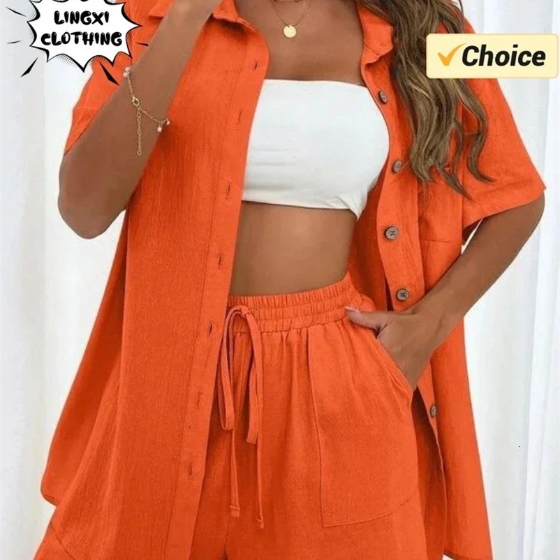 Summer Fashion Sports Casual Cotton Linen Two Piece Set for Womens Single Breasted Shirt Elastic Waist Short Two Piece Set 240704