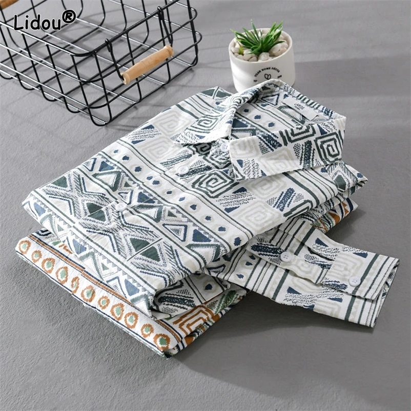 Autumn and Winter Mens Shirt Collar Folk Printed Button Fashion Loose Cardigan All Match Long Sleeved Shirt 240704