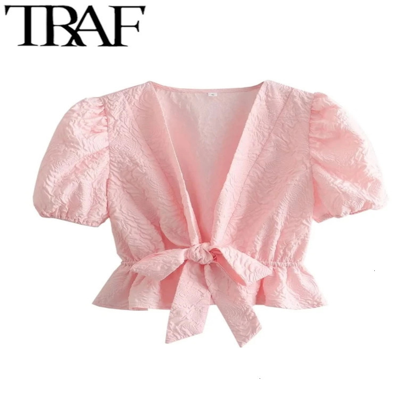 TRAF Woman Fashion Tie Up Vneck Bubble Sleeve Top Casual Slim Short Blouses Spring Summer 240328