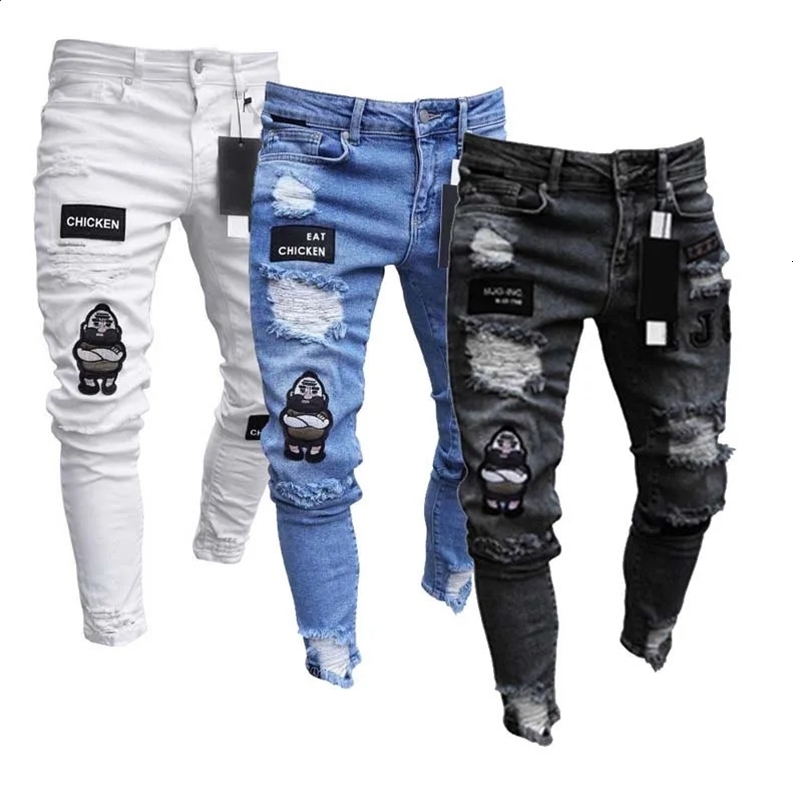 White embroidered jeans mens cotton elastic open top tight jeans high-quality hip-hop black hole ultra-thin slim fit jeans 241203