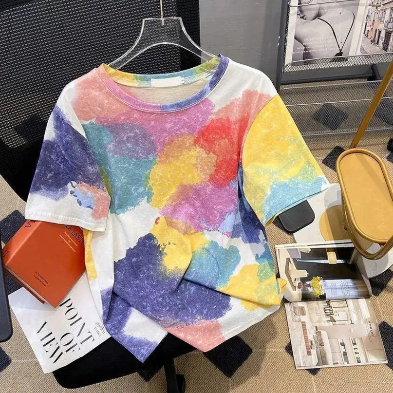 Summer Round Neck Fashion Short Sleeve Tshirt Women High Street Casual Loose Tie Dye Pullovers Comfortable Allmatch Tops 240416