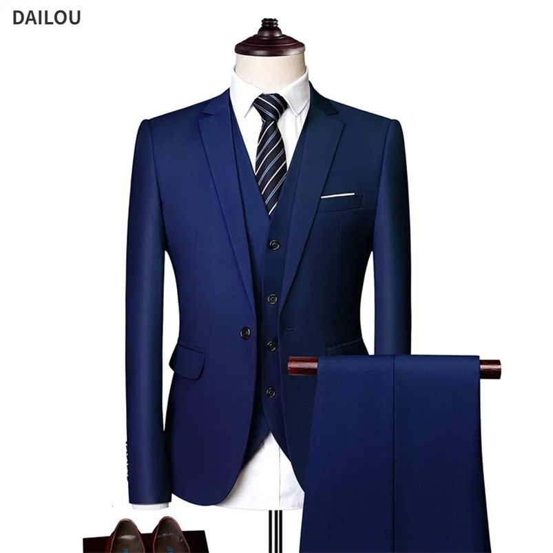 Mens Elegant Jacket Set 3-Piece Business Formal Tank Top Pants Full Coat Jacket 241111