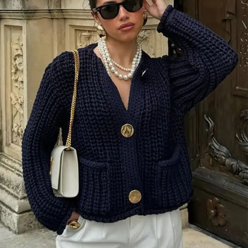 TRAFZA Spring Knitted Cardigan For Women Casual Button O-Neck Long Sleeve Female Sweater Fashion Solid Loose Lady Cardigans 240830