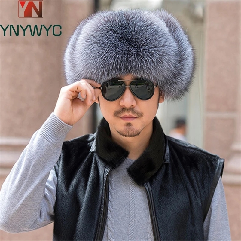 Winter Mens 100% Real Silver Fox Fur Bomber Hat Raccoon Fur Ushanka Cap Trapper Russian Man Ski Hats Caps Real Leather241224WWbj