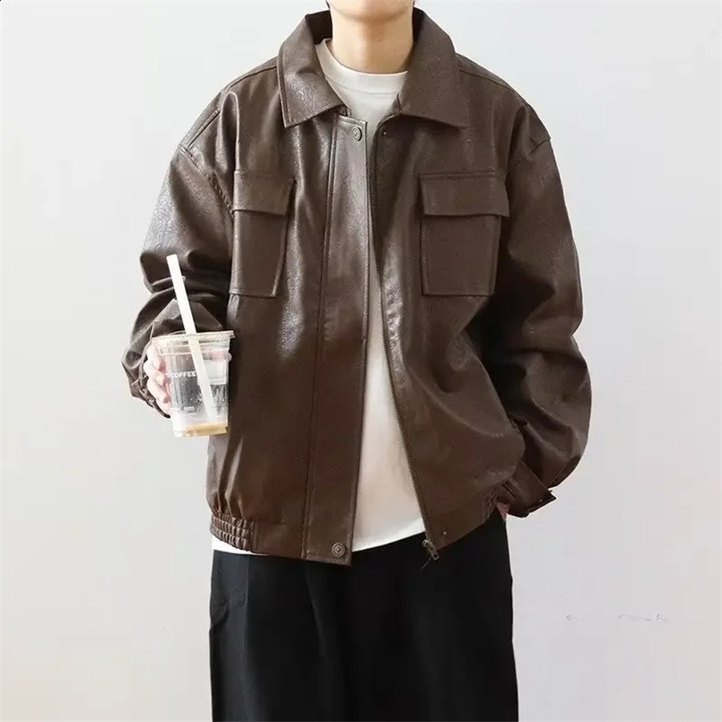 American Style Pu Leather Jacket For Men Spring Autumn Vibe Street Windproof Instrendy Flight Pilot Top Casual Loose Fit 240829