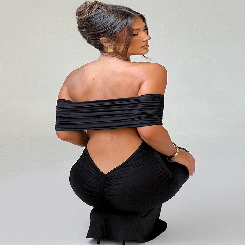 Mozision Strapless Backless Sexy Maxi Dress For Women Black Solid Offshoulder Sleeveless Bodycon Club Party Long Elegant 240615