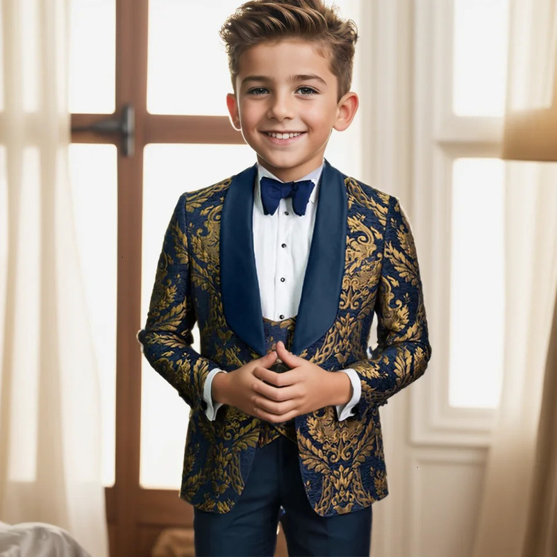 Formal Clothes Boys Evening Dresses Boys Costume Suit Children Wedding Suit For Boys Navy Blue Floral Blazer Kids Prom Suits 250421