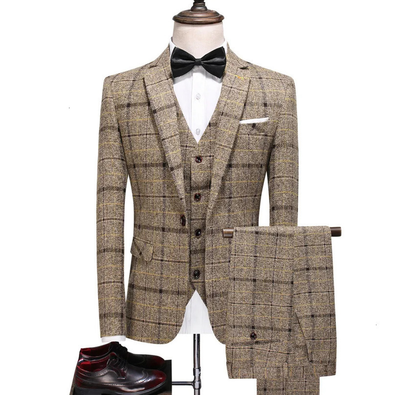 Coat Pants Vest British Style Slim Fit| Plaid Large Size 5XL Wedding Groom High End 3 Pieces Suits Set Jacket Blazers Trousers 240412