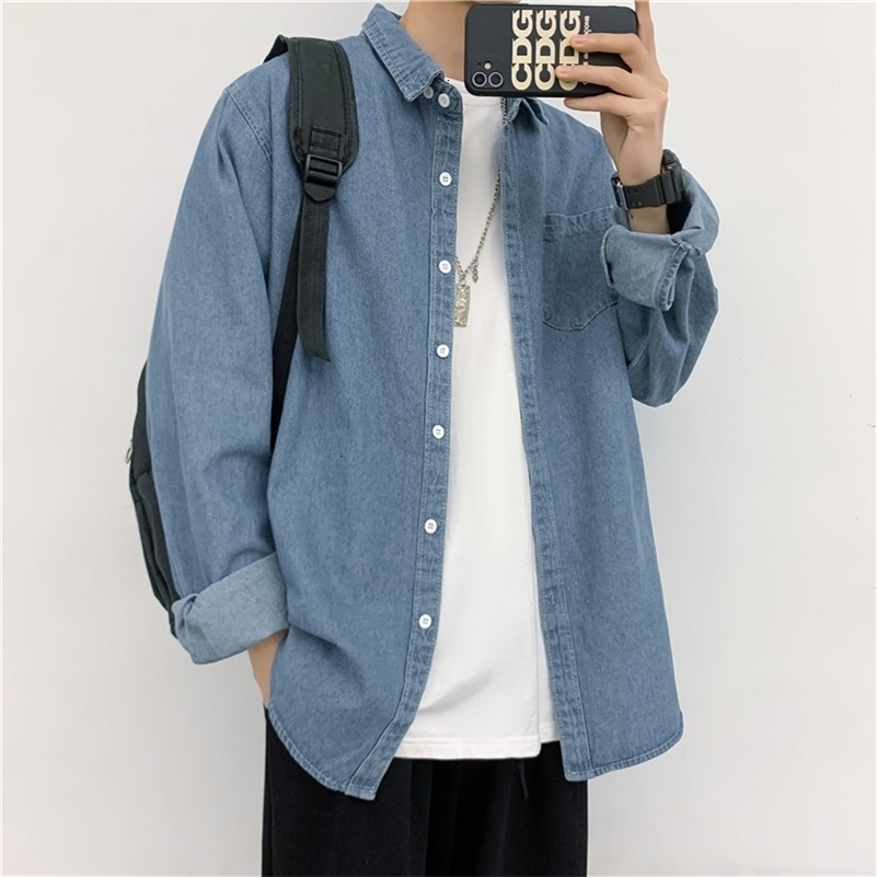Men's Casual Shirts Mens Denim Shirt Fashion Harajuku Long Sleeve Tops Spring Autumn Vintage Baggy Jacket Trend Streetwear Oversized Male Cloth
