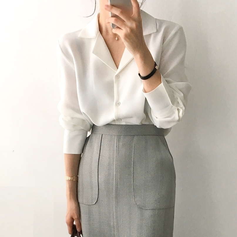 Womens Tops And Blouses Solid White Chiffon Blouse Office Shirt Blusas Mujer De Moda Long Sleeve Women Shirts Clothes A405 201029
