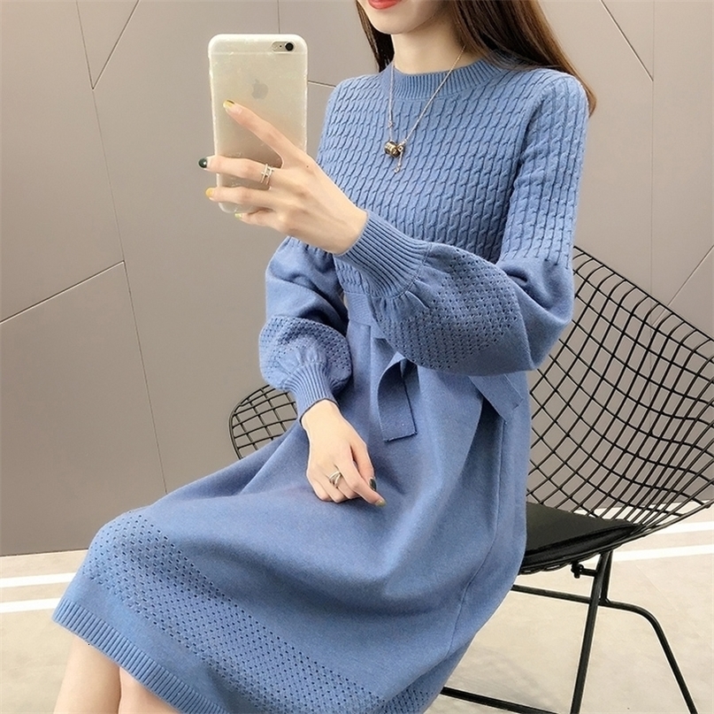 Leiouna Casual ONeck Large Size Loose Solid Autumn Winter Sweater Dress Female Neck Dress Sweater Bottoming Maternity Dress 201008