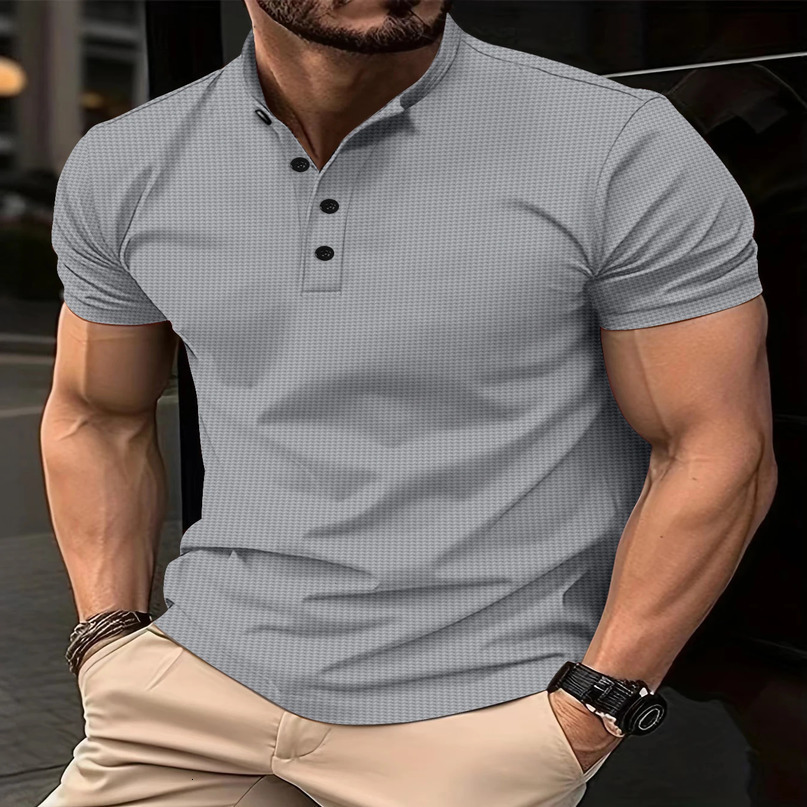 Summer American Vintage Waffle Knit Henry Collar TShirt Mens Fashion ShortSleeved loose Casual Top POLO Shirt 240529