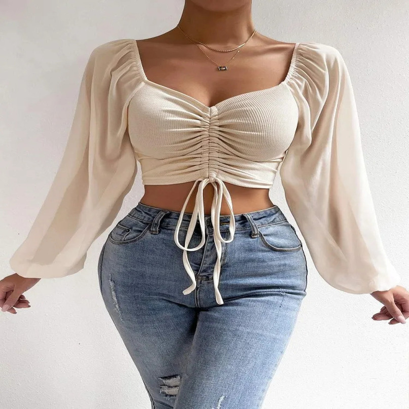 Womens Blouses Shirts Womans Tops Puff Sleeve Sexy CloseFitting Summer and Spring Lace up Vneck Fashion Solid Color Simple Long 231110