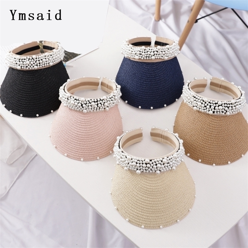 New Pearls Women Summer Hat Female Elegant Pearl Straw Sun Hat Wide Brim Visor hat For Girls Beach Hats Fashion Cap Ladies Y200102