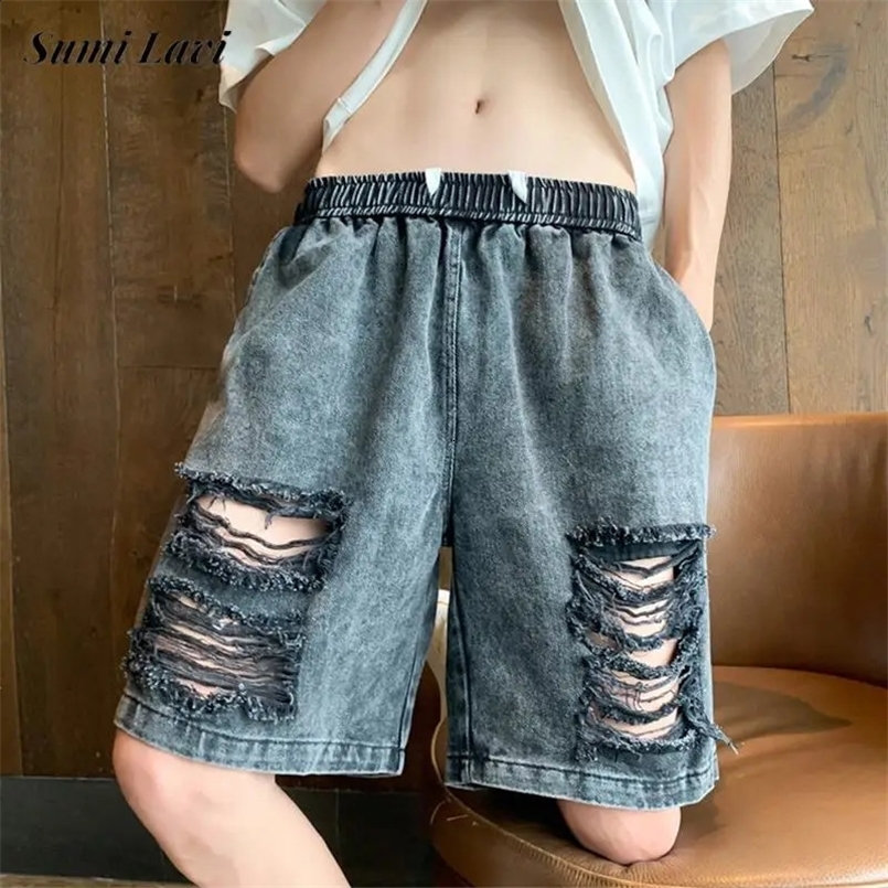Streetwear Mens Casual Denim Shorts Summer Fashion Solid Color Slim Straight Jean Shorts Men Harajuku Hollow Out Jeans 240726