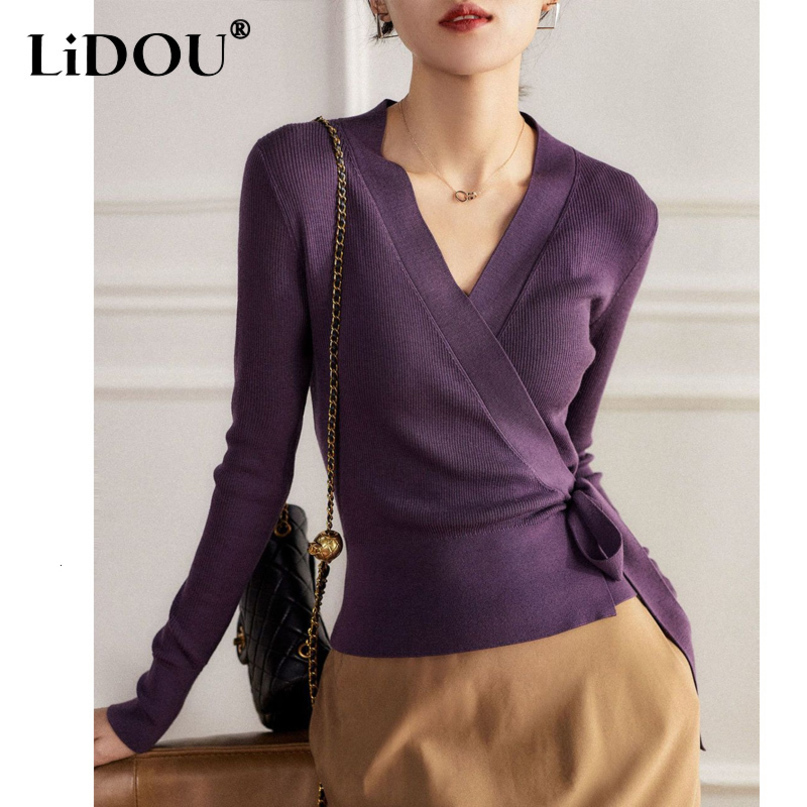Womens Sweaters Spring Autumn Solid Color Fashion Vneck Long Sleeve Knitting Pullovers Women High Street Slim Lacing Allmatch Tops 230925