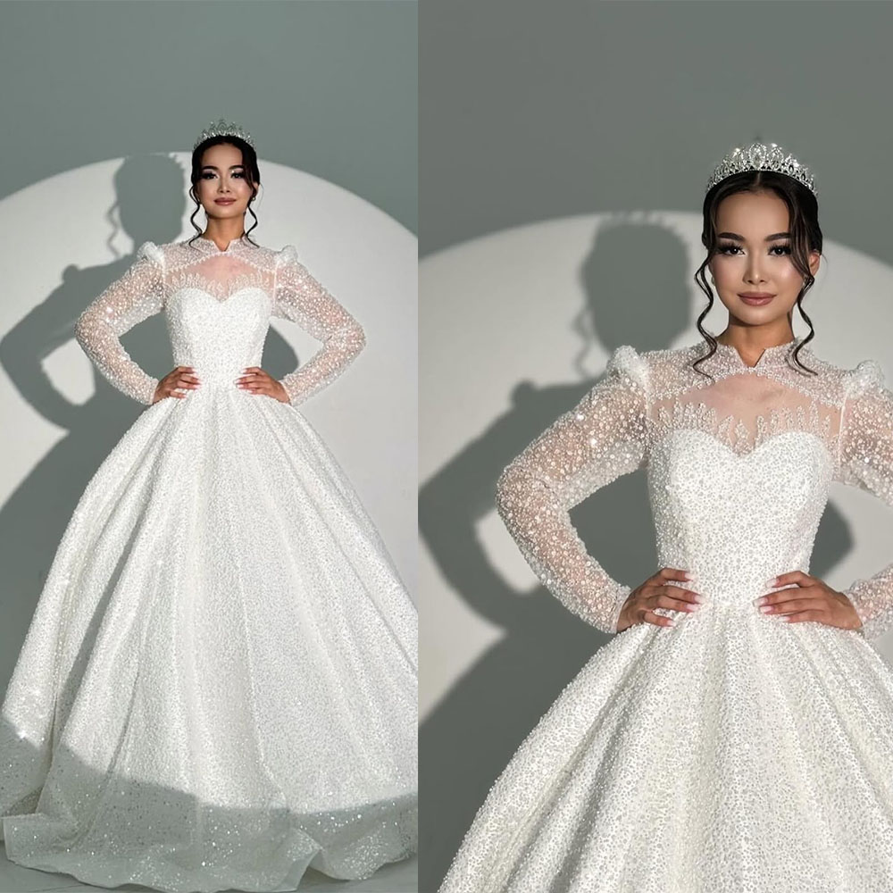 Vintage Wedding Dress For Women High Neck Long Sleeves Bridal Gown Sequins Lace Sweep Train Dresses Custom Made vestidos de novia