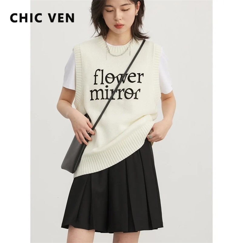 CHIC VEN Womens Vests Simple Contrast Letter Knitted Vest Womens Sweater Round Neck Girls Spring Summer 240513