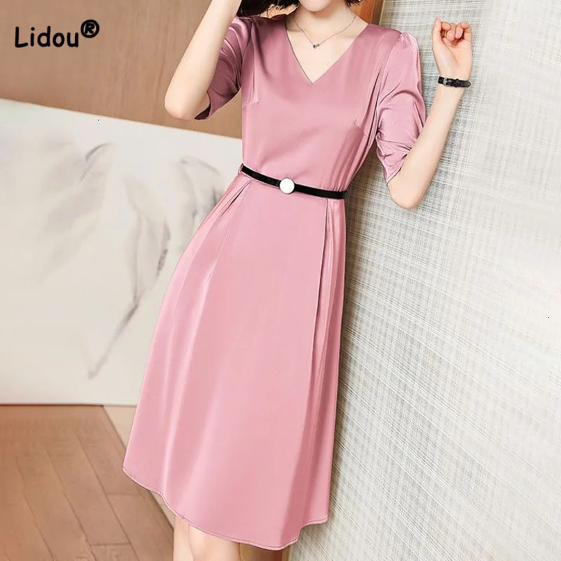 Simplicity Fashion Solid Color VNeck Dresses for Female Summer Commute Elegant Half Sleeve High Waist Dress Womens Clothing 240615
