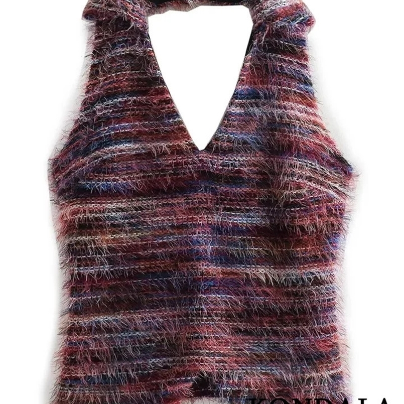 KONDALA Sexy Women Vest V-Neck Sleeveless Knitted Backless Slim Sweaters Fashion Autumn Y2K Girl Halter Pullovers 240725