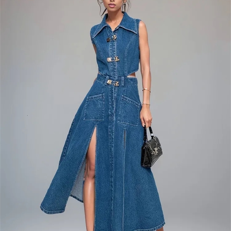 DEAT Trendy Women Waist Hollow Out Split Denim Dress Autumn Fashion Lapel Single Breasted Sleeveless Dresses Female 33A1612 240822
