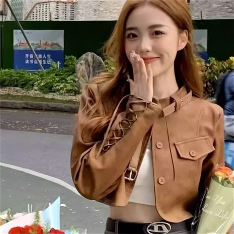 Retro Sweet Cool Style Short Leather Jacket for Womens Spring Collection Korean Ultra Thin Versatile Motorcycle Strap PU Leather Jacket Trend 240824