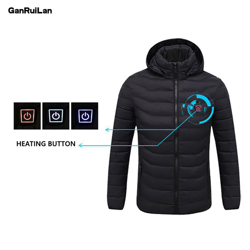 Men Style Winter Warm USB Heating Jackets Smart Thermostat Pure Color Hooded Heated Clothing Outdoor Waterproof Warm Jackets 210518