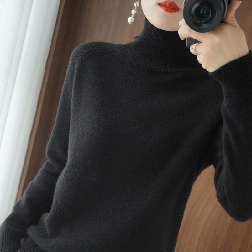 Womens Warm Turtle Neck Sweater Autumn Thick Knitted Floral Top Soft Cashmere Long Sleeve Slimming Underwear Black Beige 241202