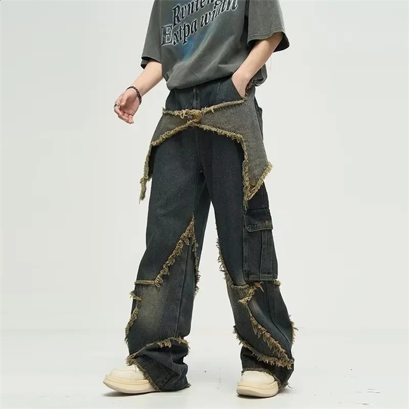 Vintage American Style Streetwear Five-star Fringe Jeans For Men Women Trendy Casual Loose-fit Straight-leg Wide-leg Trousers 240829