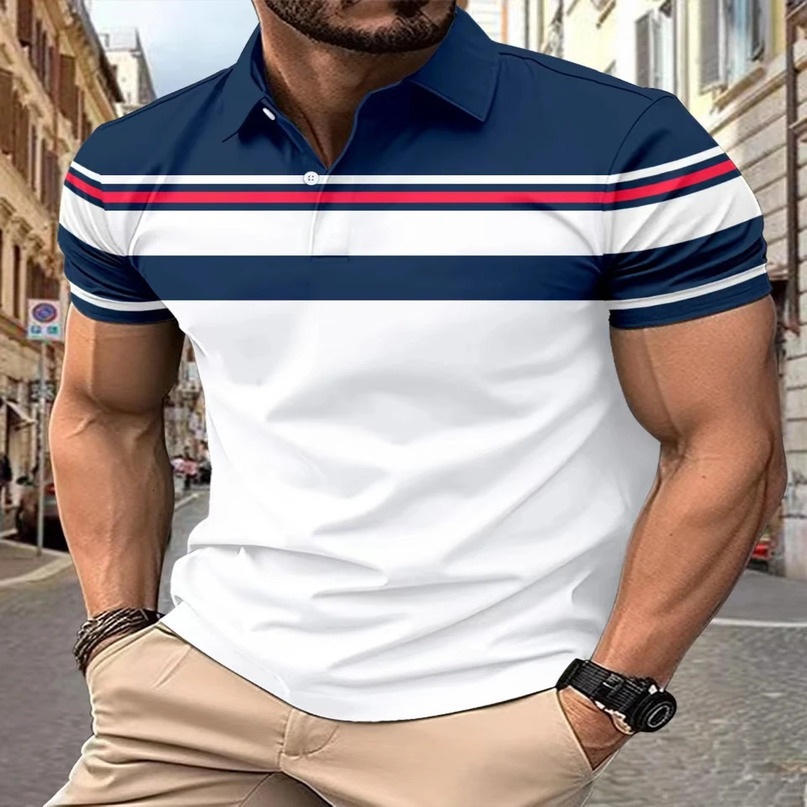 Mens Selling Summer ShortSleeved POLO Shirt Spliced Striped Fashion casual Business Lapel Street 240529
