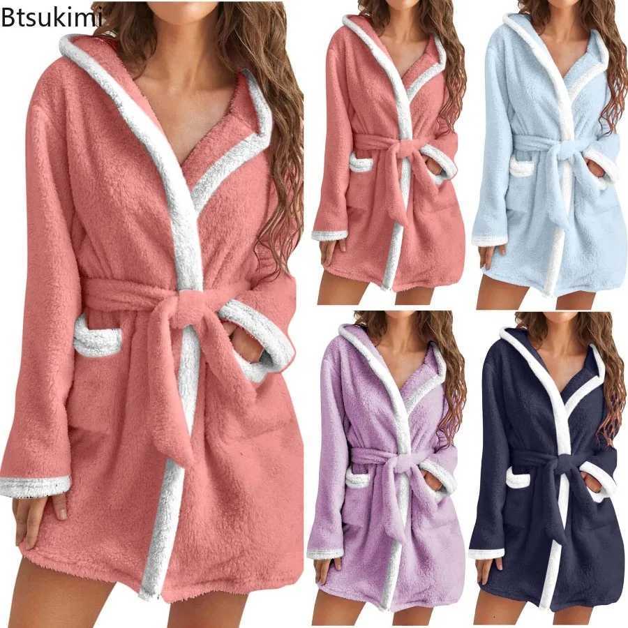 Womens Winter Casual Plush Robe Solid Color Matching Double Pocket Strappy Nightgown Fuzzy Bathrobe Coats Home Clothed Ladies Z250924