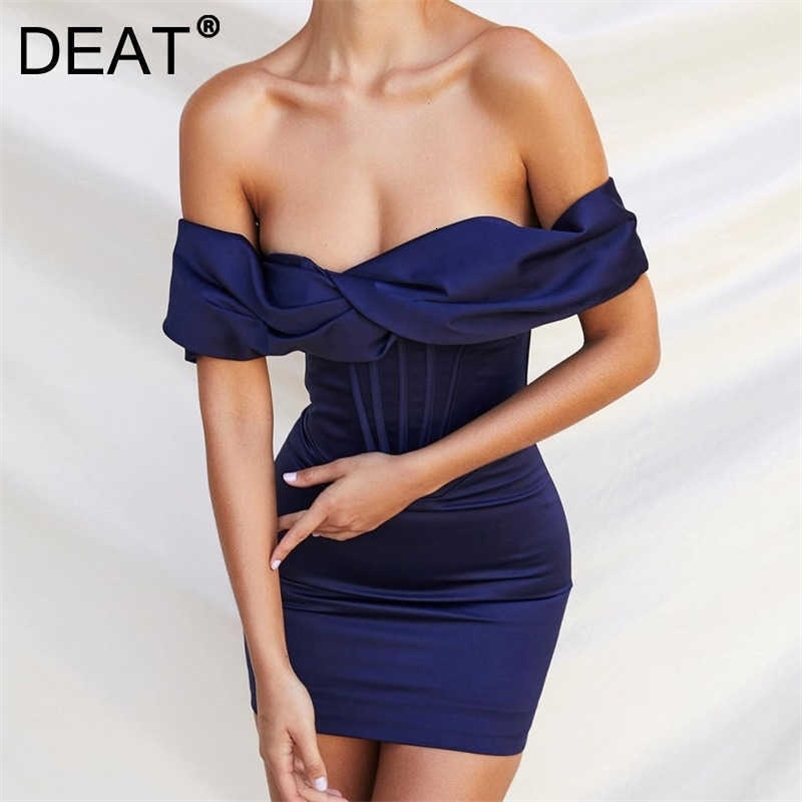 DEAT Women Slash Neck Buttocks Mini Dress Solid Color Temperament Backless Slim Fashion Spring Summer 11B143 210709