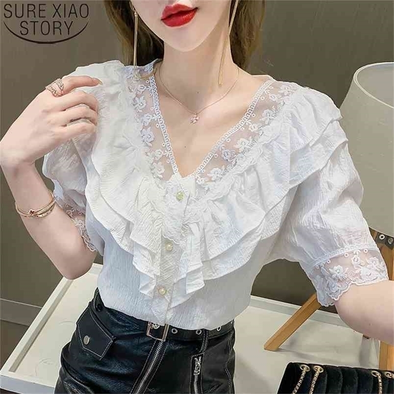 Short Puff Sleeve Women Blouses Sweet Chiffon Lace Blouse Summer V-neck Embroidered Elegant Tops Female Blusas 13909 210506