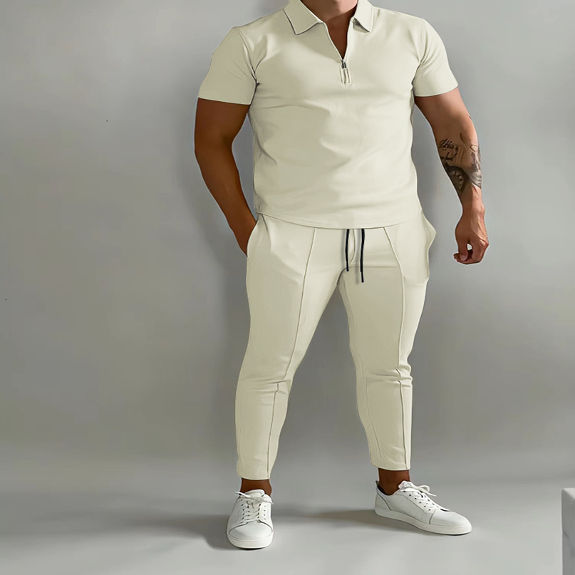 Mens Tracksuits Solid Color Suit Summer Casual Short Sleeve Polo Shirt Calf pants for Men Streetwear Male tracksuit 2piece set 230418