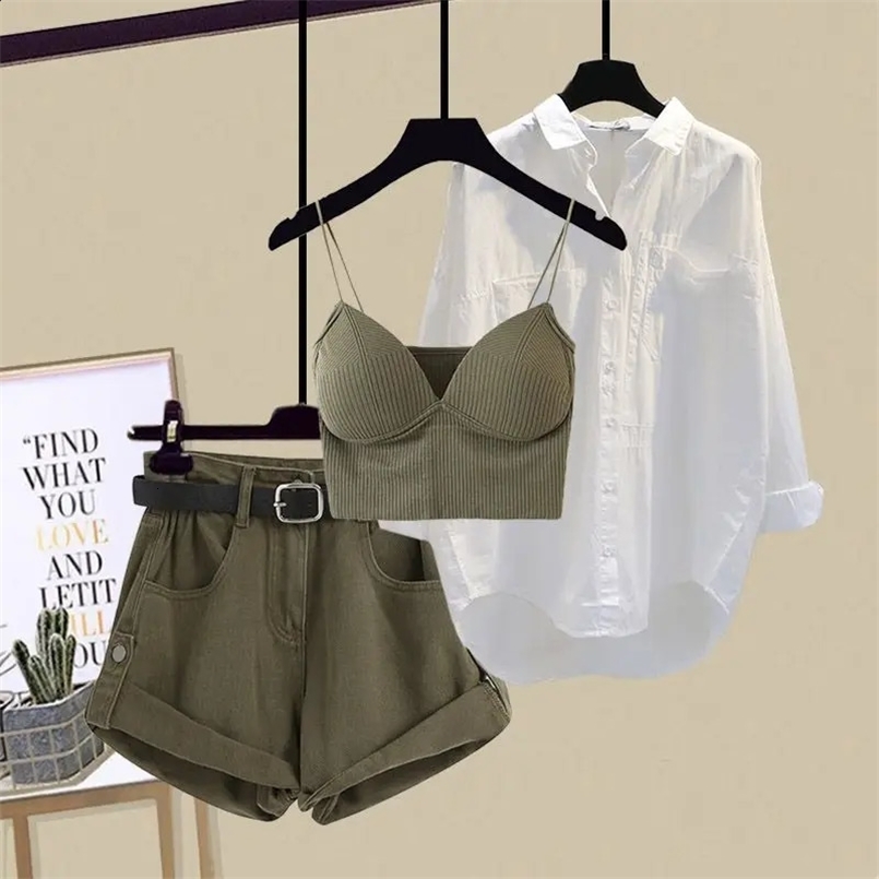 Womens Summer Denim Shorts Matching Set Female Vintage Casual Sunscreen ShirtsuspenderHigh Waits Pants Three Piece Suit 240731