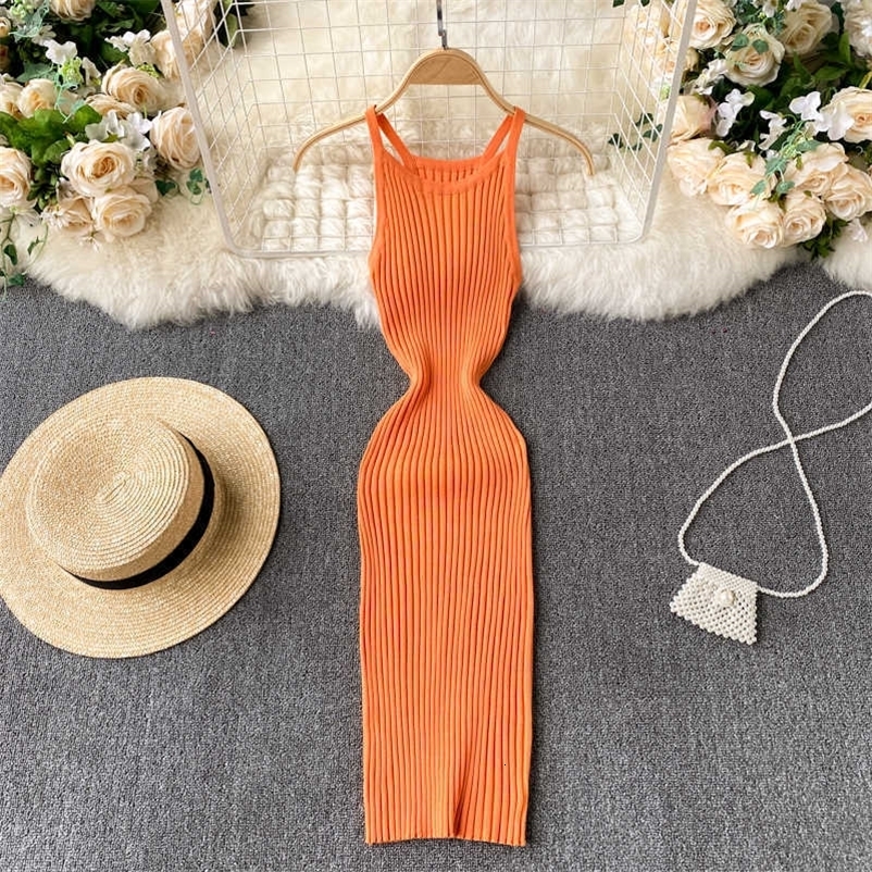 DEAT Women Versatile Knitted Bottomed Straight Suspender Dress Solid Color Sexy Slim Fashion Spring Summer 11B565 210709