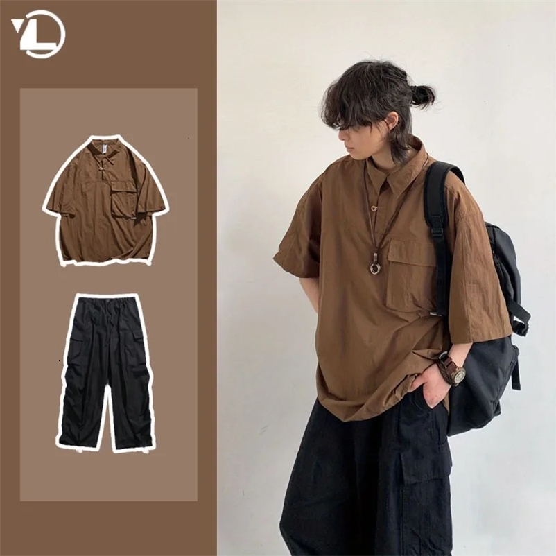 Summer Japanese Mens Set Harajuku Mid Sleeved Trendy Shirt Wide-leg Cargo Pants 2-pcs Thin Casual College Male Suit 240529