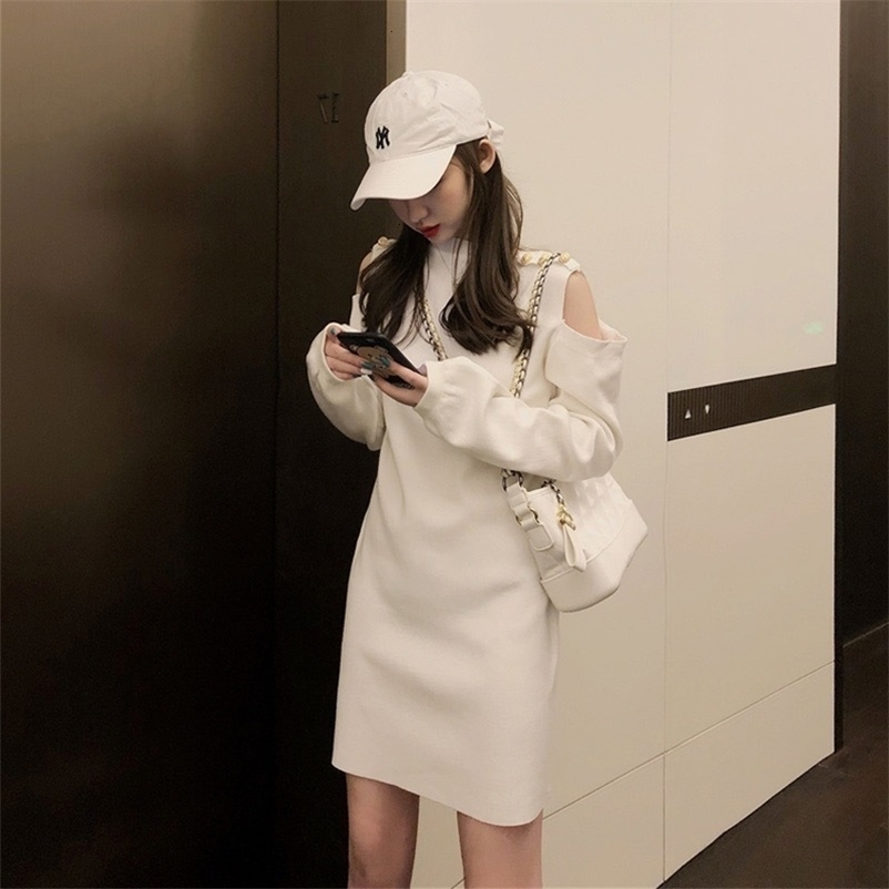 Casual Dresses DALMAZZO Autumn and Winter Women's Retro Casual Core Yarn Women's Lace Button Shoulder Slim Fit Mini Dress 230407
