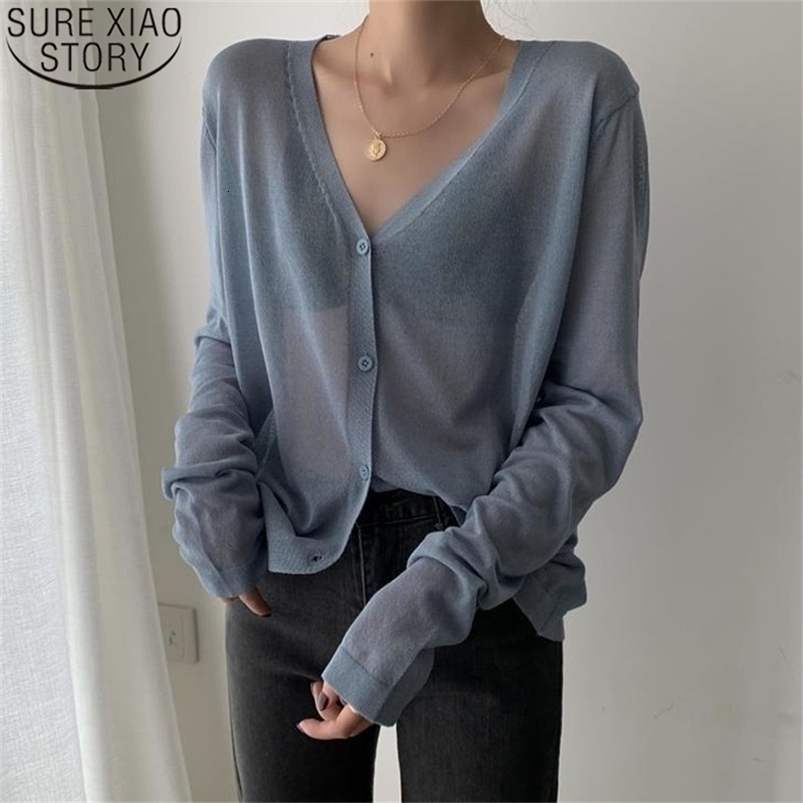 Casual Knitted V Neck Thin Ice Silk Tops Summer Cardigan Women Long Sleeve Korean Cropped Sunscreen Shirt Blusas 13482 210506