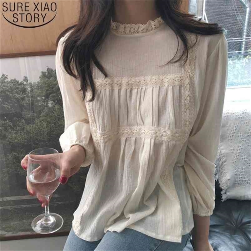 Female Long Sleeve Stand Collar Tops Beige Blouses Sweet Chic Bouse Women Korean Fashion Lace Pleated Shirt Spring Blusas 12727 210506