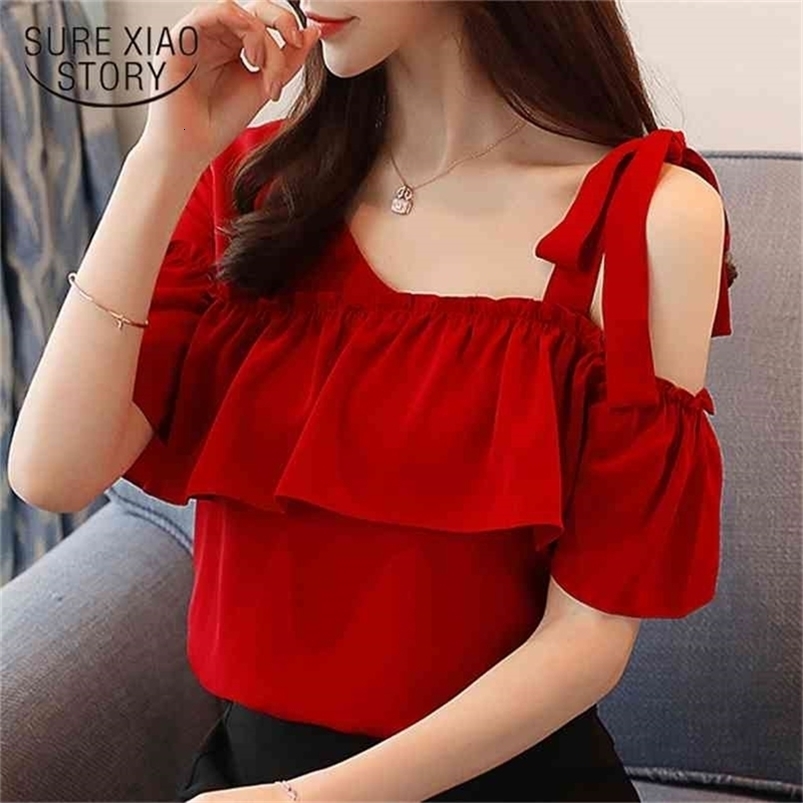 spring short sleeved blouses solid sexy style lady ruffles women clothing red tops sweet female shirts D564 30 210506