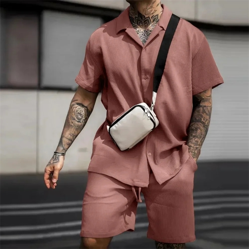 Summer Solid Casual Losse Mens Sets Soft Single Breasted Shirts Shorts 2 Pieces Sets for Men Fashion Polo Sweatpants Suit 250318