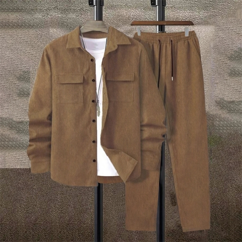 Mens suit Solid color corduroy suit Long sleeve shirt and pants casual suit 241217