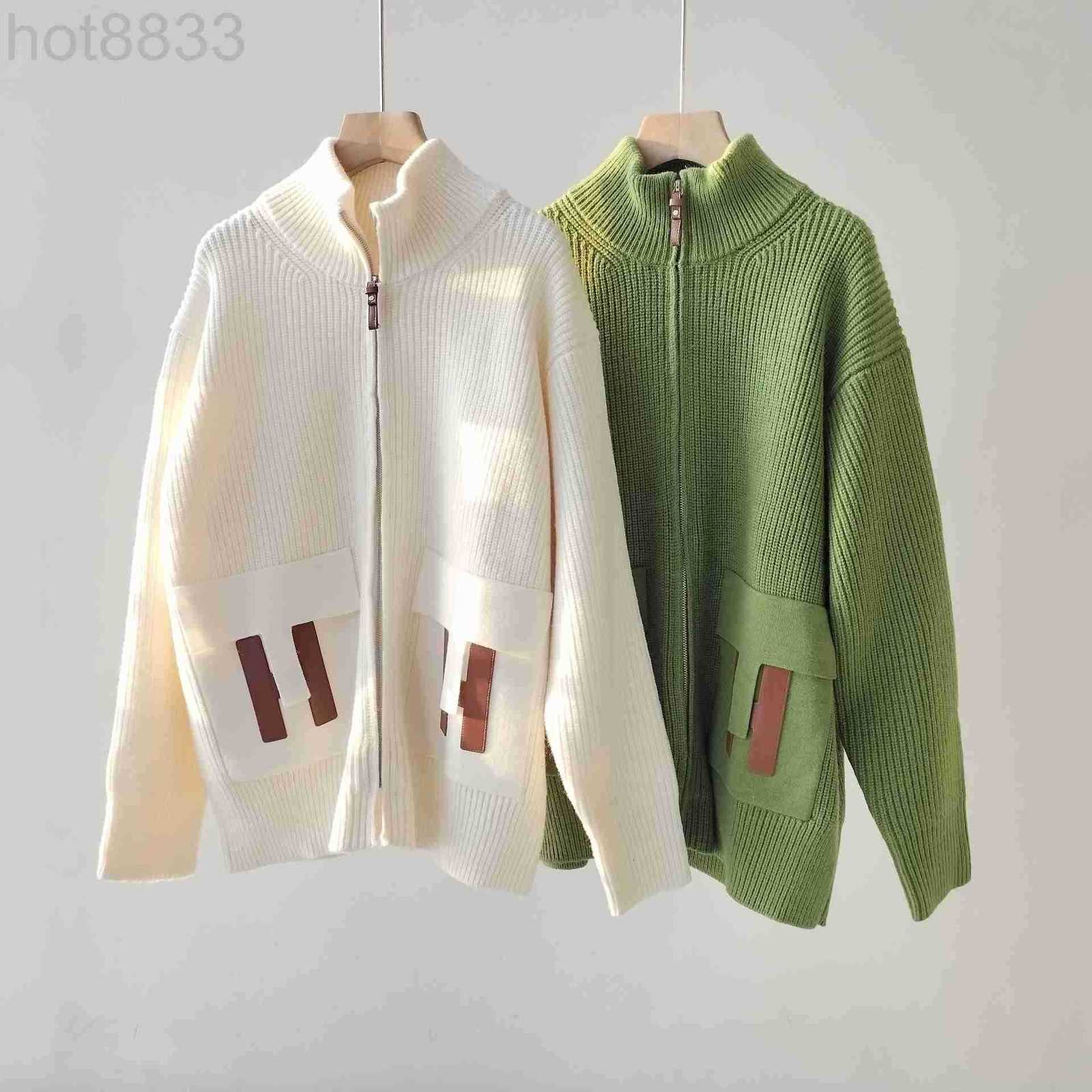 Women's Knits & Tees Designer Baorong Autumn Winter Clothing Pocket Genuine Leather h Letter Sweater Cardigan Coat High Collar High-end Wool DT