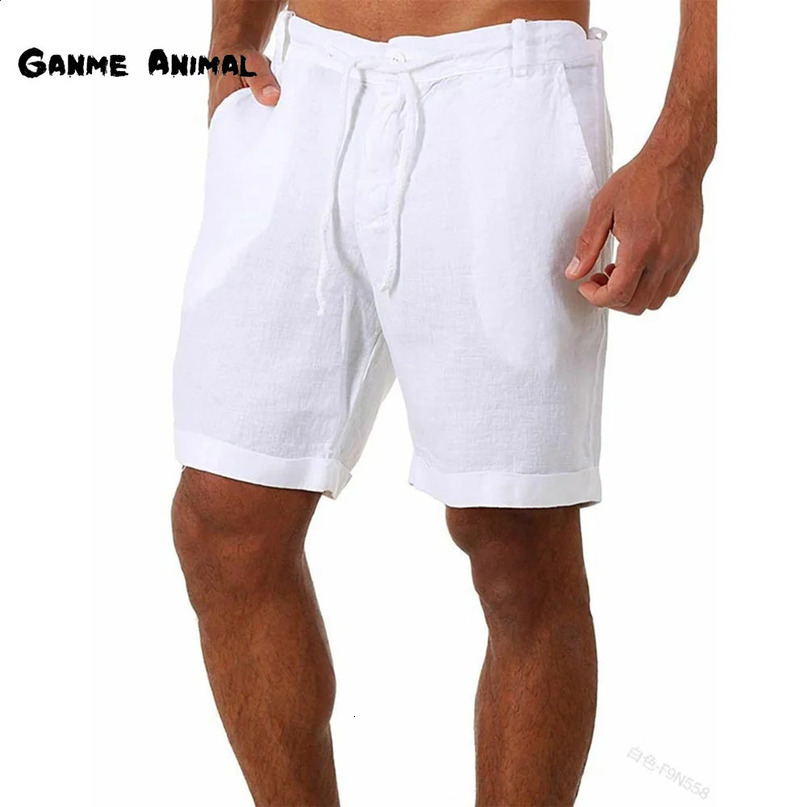 Summer Mens Solid Color Beach Pants Shorts Homme Short Casual Linen Gym Man Drawstring Buttons Bottoms S4XL 240407