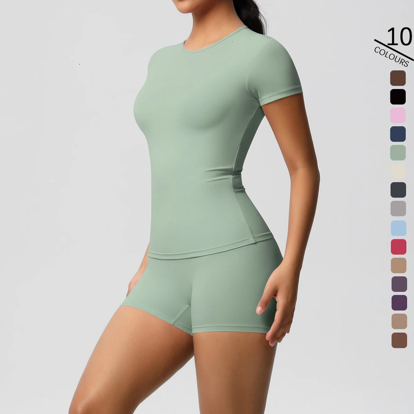 2PC Quick-Drying Gym Leggings Set Summer Short Sleeve Breathable Stretchy GYM Yoga Slim Fitness Active Top Womens cycling short 250606