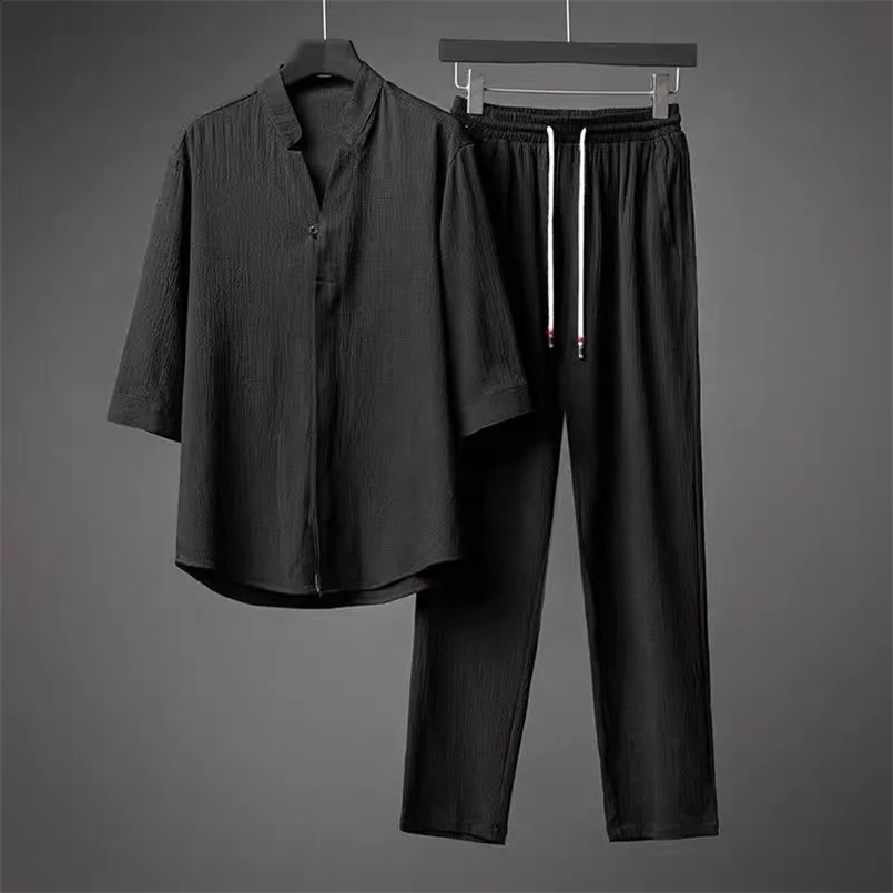 Vintage Button Tops Mens Two Piece Set Summer Casual Shirt and Pants Suits Outfit for Men Solid Color Leisure Clothing 240822