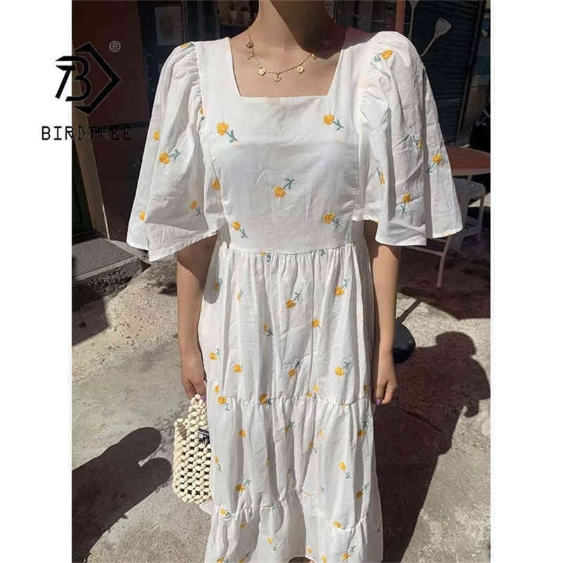 Summer Women's French Korean Style Floral Square Collar Maxi Dress Short Sleeve Loose Elegant High Waist Bow Dresses D13511X 210416