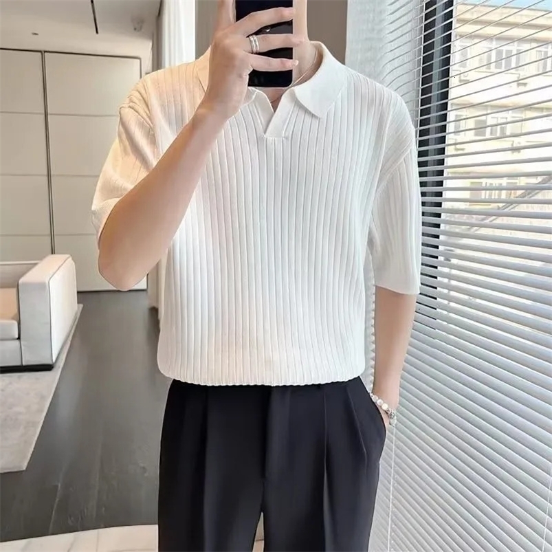 Summer Clothing Mens Light Knitted Solid Color Polo Shirt Fashion Striped V-Neck Short Sleeve Leisure Fashion Knitwear 250224